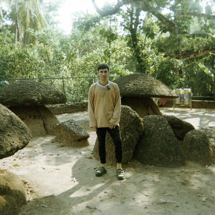 Dakota standing among old stones in Kerala
