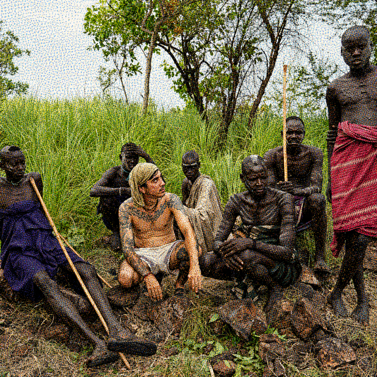 Dakota sitting with members of the Mursi tribe in Ethiopia